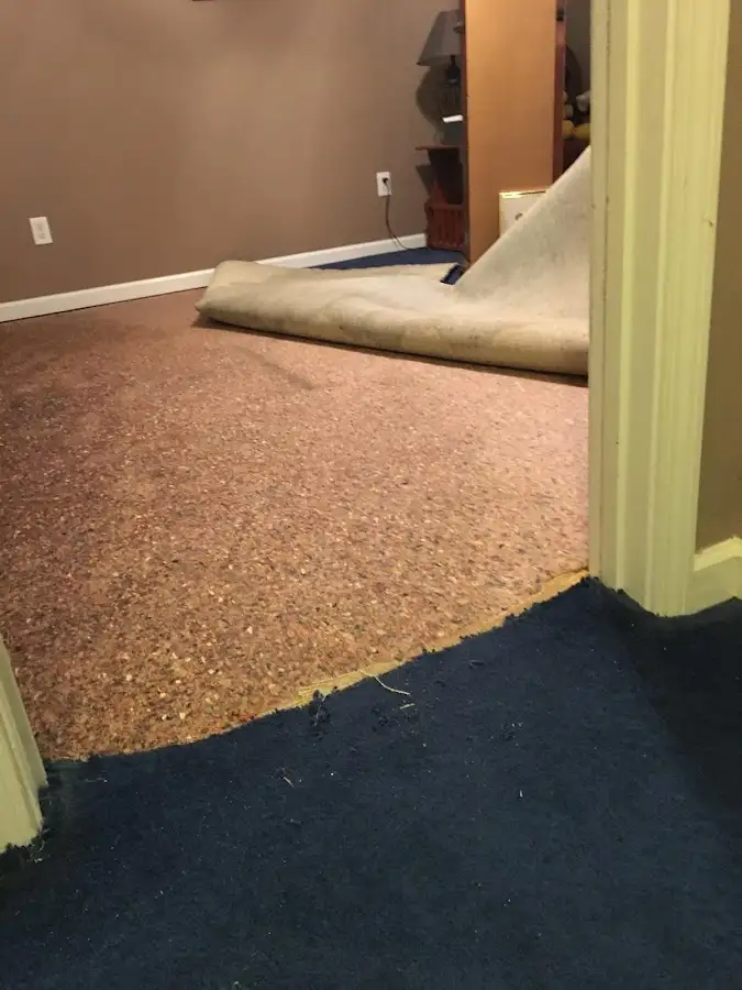 Carpet pad removal revealing water damage during Drying & Dehumidification in Albertville